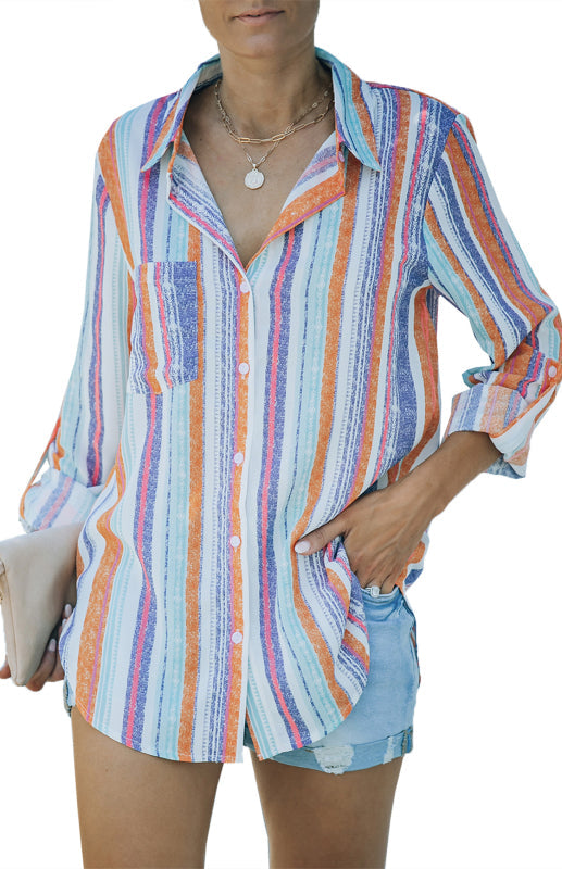 Shirts- Washed Stripes Button Down V-Neck Shirt- - IndioGear Fashion and Gear