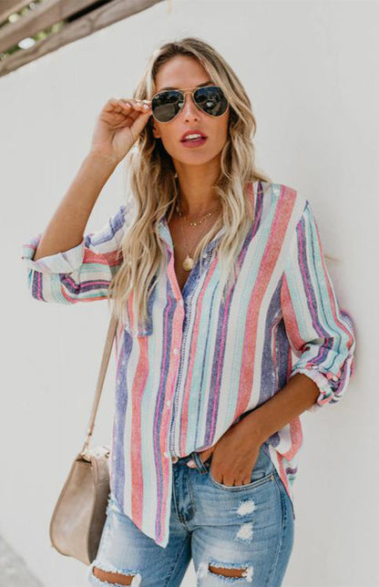 Shirts- Washed Stripes Button Down V-Neck Shirt- Pink, white and purple stripes- IndioGear Fashion and Gear