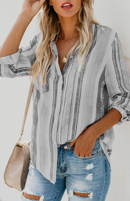 Shirts- Washed Stripes Button Down V-Neck Shirt- - IndioGear Fashion and Gear