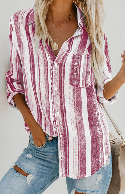 Shirts- Washed Stripes Button Down V-Neck Shirt- - IndioGear Fashion and Gear