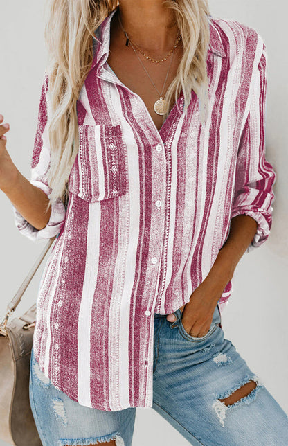 Shirts- Washed Stripes Button Down V-Neck Shirt- Red stripes- IndioGear Fashion and Gear