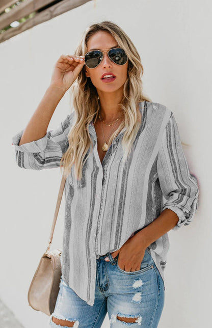 Shirts- Washed Stripes Button Down V-Neck Shirt- Grey stripes- IndioGear Fashion and Gear