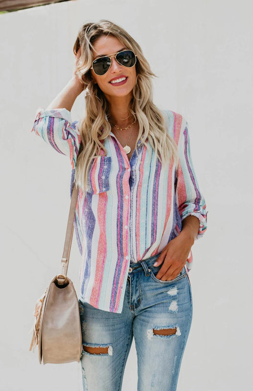 Shirts- Washed Stripes Button Down V-Neck Shirt- - IndioGear Fashion and Gear