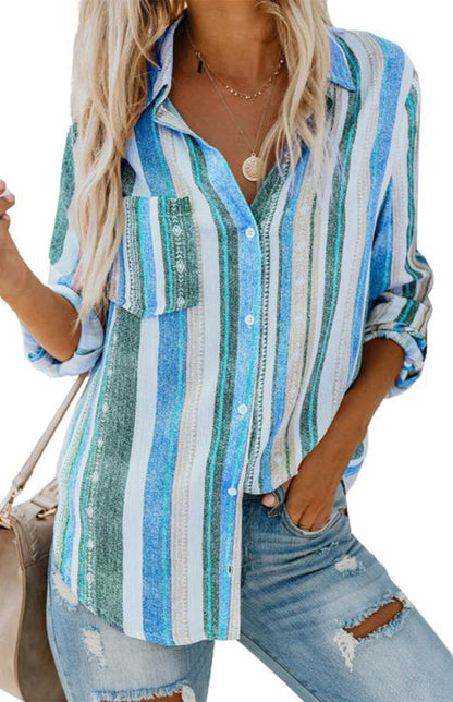 Shirts- Washed Stripes Button Down V-Neck Shirt- - IndioGear Fashion and Gear