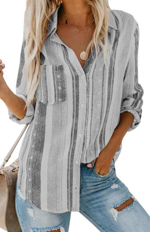 Shirts- Washed Stripes Button Down V-Neck Shirt- - IndioGear Fashion and Gear