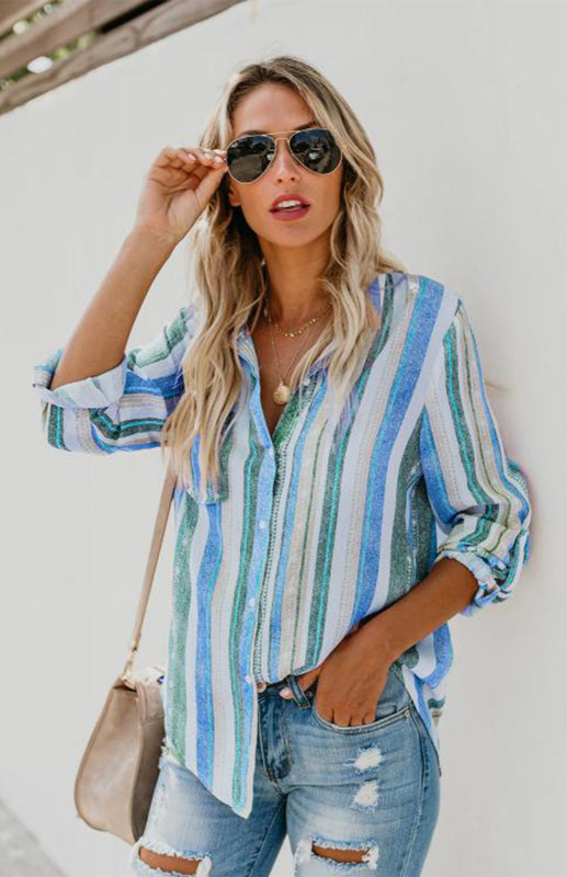 Shirts- Washed Stripes Button Down V-Neck Shirt- - IndioGear Fashion and Gear