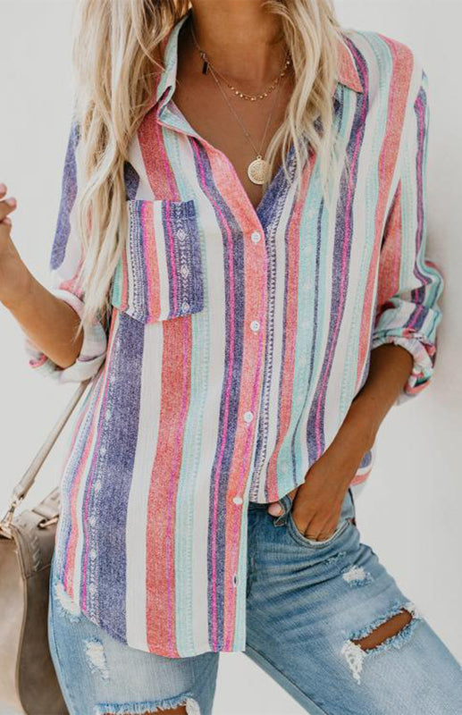 Shirts- Washed Stripes Button Down V-Neck Shirt- - IndioGear Fashion and Gear