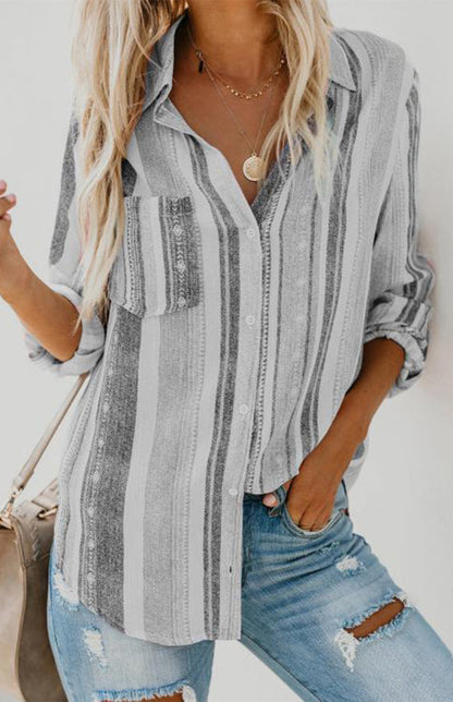 Shirts- Washed Stripes Button Down V-Neck Shirt- - IndioGear Fashion and Gear