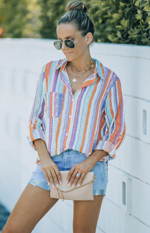 Shirts- Washed Stripes Button Down V-Neck Shirt- Orange white purple stripes- IndioGear Fashion and Gear