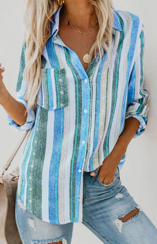 Shirts- Washed Stripes Button Down V-Neck Shirt- - IndioGear Fashion and Gear