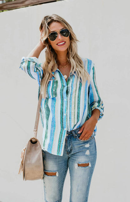 Shirts- Washed Stripes Button Down V-Neck Shirt- Sky blue stripes- IndioGear Fashion and Gear