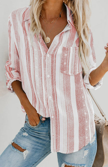 Shirts- Washed Stripes Button Down V-Neck Shirt- Pink stripes- IndioGear Fashion and Gear