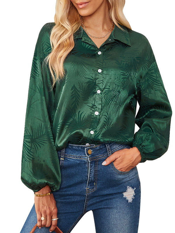 Shirts- Women's Button-Down Shirt with Lapel Collar - Foliage Print Delight!- - IndioGear Fashion and Gear