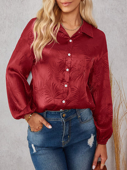 Shirts- Women's Button-Down Shirt with Lapel Collar - Foliage Print Delight!- Red- IndioGear Fashion and Gear