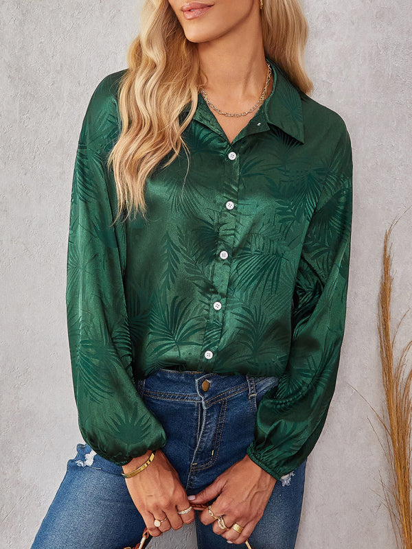 Shirts- Women's Button-Down Shirt with Lapel Collar - Foliage Print Delight!- Dark green- IndioGear Fashion and Gear