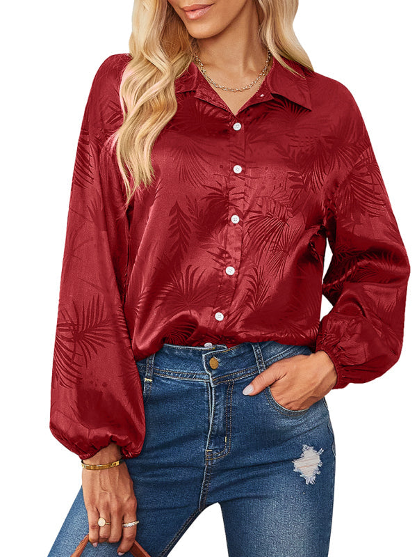 Shirts- Women's Button-Down Shirt with Lapel Collar - Foliage Print Delight!- - IndioGear Fashion and Gear