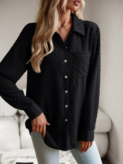 Shirts- Women's Elegant Jacquard Chevron Shirt - Button Down & Long Sleeve Top- - Pekosa Women Clothing