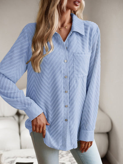 Shirts- Women's Elegant Jacquard Chevron Shirt - Button Down & Long Sleeve Top- - Pekosa Women Clothing