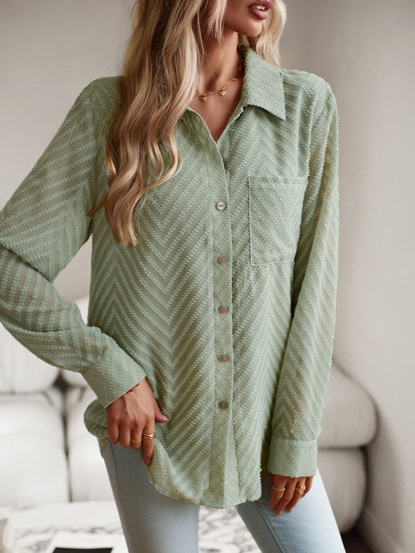 Shirts- Women's Elegant Jacquard Chevron Shirt - Button Down & Long Sleeve Top- - Pekosa Women Clothing