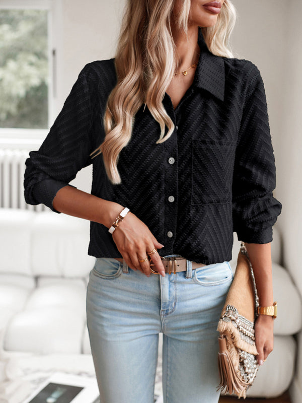 Shirts- Women's Elegant Jacquard Chevron Shirt - Button Down & Long Sleeve Top- Black- Pekosa Women Clothing