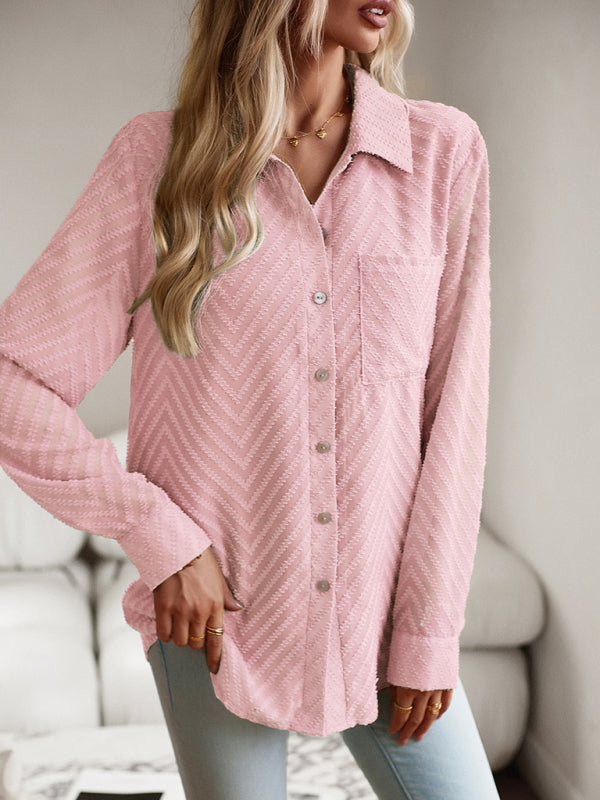 Shirts- Women's Elegant Jacquard Chevron Shirt - Button Down & Long Sleeve Top- - Pekosa Women Clothing