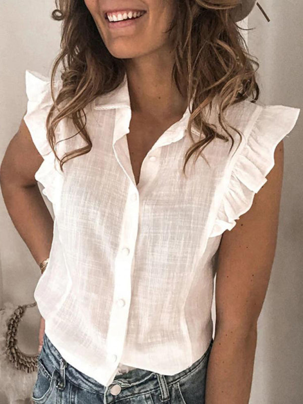 Shirts- Women's Solid Cotton Button-Up Blouse Shirt Shirt with Ruffles- White- IndioGear Fashion and Gear