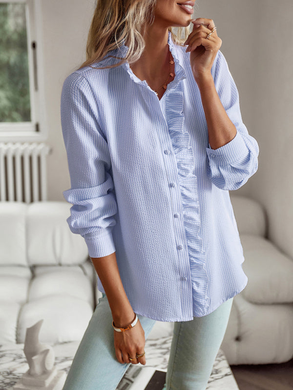 Shirts- Women's Textured Button Down Shirt - Stand Collar and Ruffle Blouse- - IndioGear Fashion and Gear