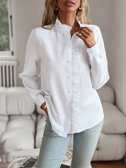 Shirts- Women's Textured Button Down Shirt - Stand Collar and Ruffle Blouse- - IndioGear Fashion and Gear