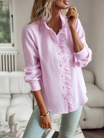 Shirts- Women's Textured Button Down Shirt - Stand Collar and Ruffle Blouse- - IndioGear Fashion and Gear