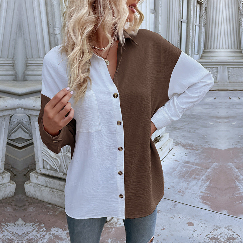 Shirts- Women's Trendy Loose Shirt - Button Down Top with a Pocket Side- Coffee- IndioGear Fashion and Gear