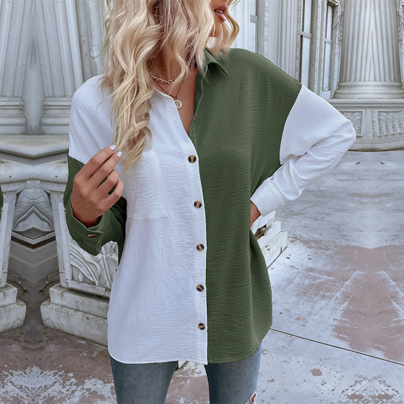 Shirts- Women's Trendy Loose Shirt - Button Down Top with a Pocket Side- Olive green- IndioGear Fashion and Gear