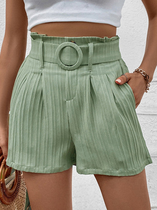 Shorts- Be the Trendsetter: Women's Paperbag Waist Belted Shorts with Pockets- Green- IndioGear Fashion and Gear