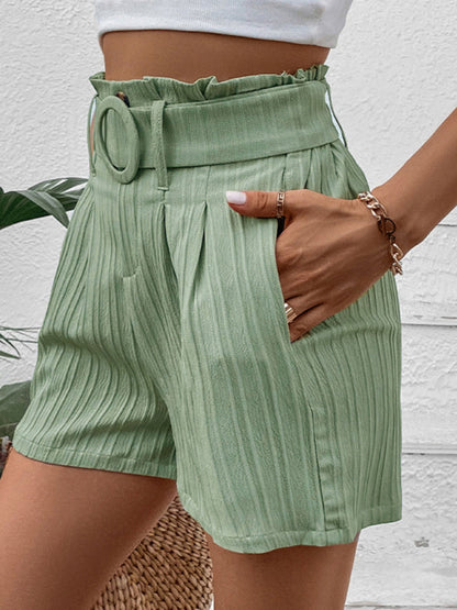 Shorts- Be the Trendsetter: Women's Paperbag Waist Belted Shorts with Pockets- - IndioGear Fashion and Gear