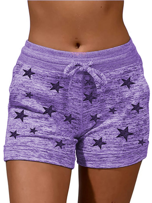 Shorts- Cotton Blend Shorts with Adjustable Waist - Loungewear Stars Print Boyshorts- Purple- IndioGear Fashion and Gear