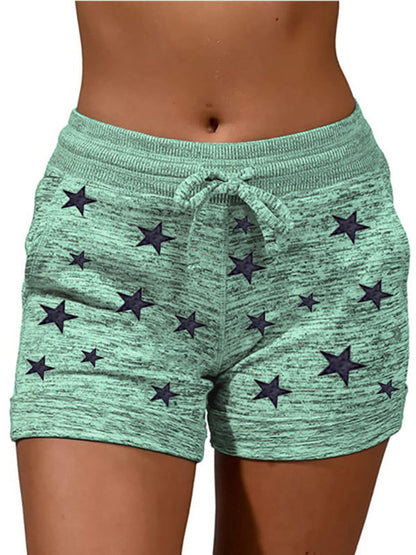 Shorts- Cotton Blend Shorts with Adjustable Waist - Loungewear Stars Print Boyshorts- Green- IndioGear Fashion and Gear