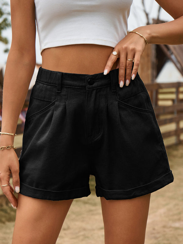 Shorts- Cotton Denim High Rise Shorts with Elastic Waistband- - IndioGear Fashion and Gear