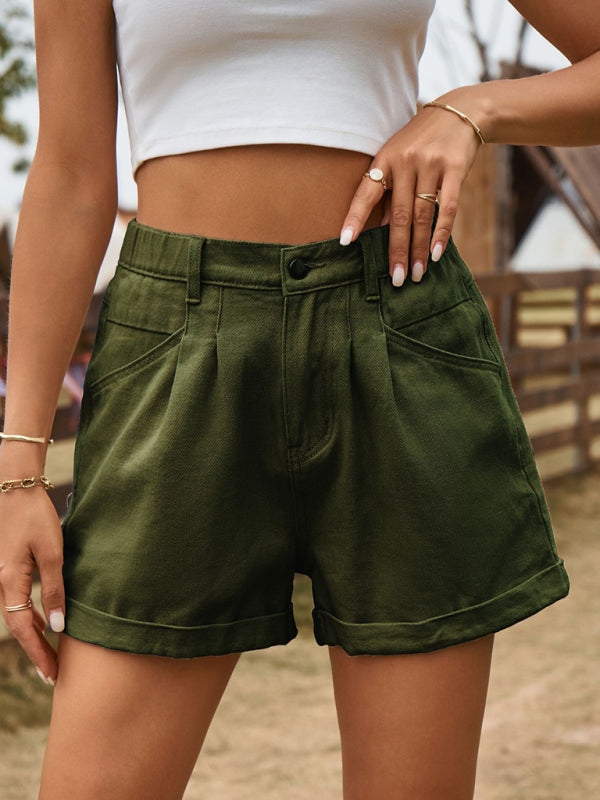 Shorts- Cotton Denim High Rise Shorts with Elastic Waistband- Olive green- IndioGear Fashion and Gear