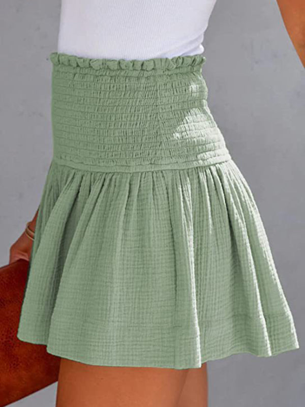 Shorts- High Rise Wide-Leg Pleated Shorts with Elasticized Waistband- Green- Pekosa Women Clothing