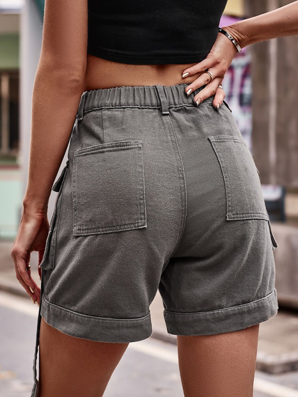 Shorts- Retro Denim Cargo Shorts: High Waist, Elastic Back, and Flap Pockets- - IndioGear Fashion and Gear