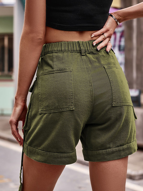 Shorts- Retro Denim Cargo Shorts: High Waist, Elastic Back, and Flap Pockets- - IndioGear Fashion and Gear