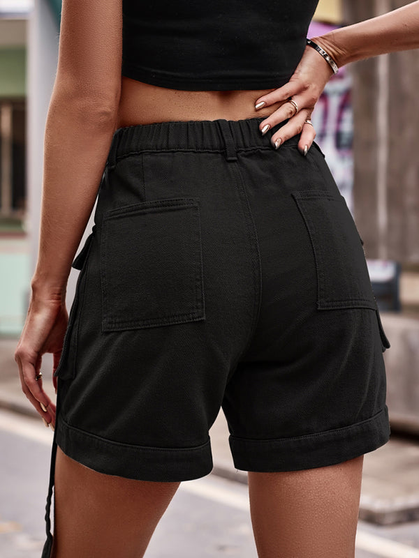 Shorts- Retro Denim Cargo Shorts: High Waist, Elastic Back, and Flap Pockets- - IndioGear Fashion and Gear