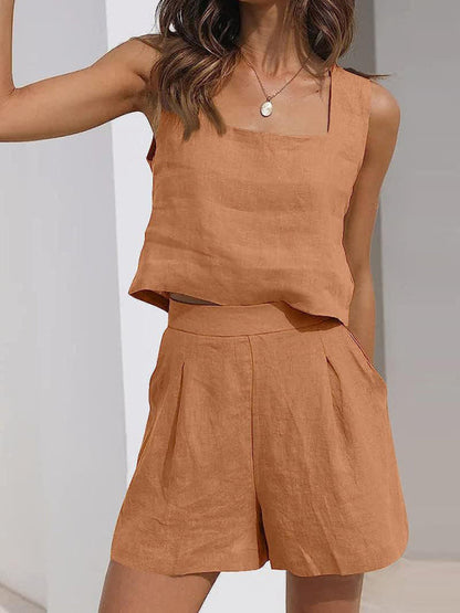 Shorts Set- Cotton Linen Set Crop Tank + Shorts- Orange- IndioGear Fashion and Gear