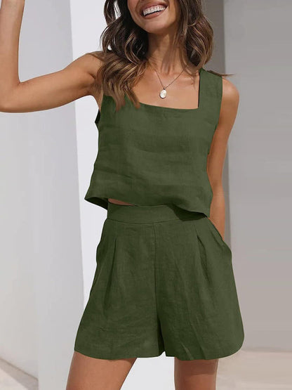 Shorts Set- Cotton Linen Set Crop Tank + Shorts- Olive green- IndioGear Fashion and Gear