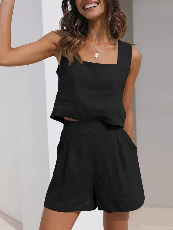 Shorts Set- Cotton Linen Set Crop Tank + Shorts- Black- IndioGear Fashion and Gear