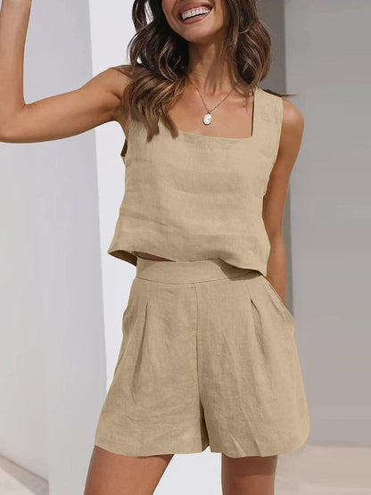 Shorts Set- Cotton Linen Set Crop Tank + Shorts- Beige- IndioGear Fashion and Gear