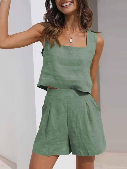 Shorts Set- Cotton Linen Set Crop Tank + Shorts- Green- IndioGear Fashion and Gear