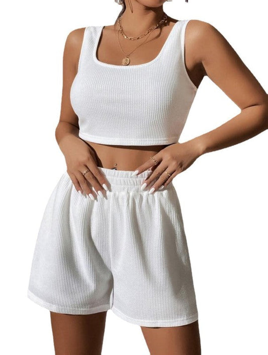 Shorts Set- Ribbed Perfection: Trendy Tank Top + High-Rise Shorts Set for Women- White- IndioGear Fashion and Gear