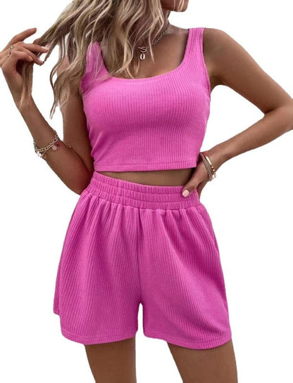 Shorts Set- Ribbed Perfection: Trendy Tank Top + High-Rise Shorts Set for Women- Pink- IndioGear Fashion and Gear