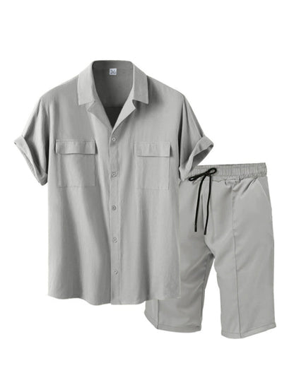 Smart Casual Men’s 2-Piece Set with Button-Up Shirt & Pocketed Shorts