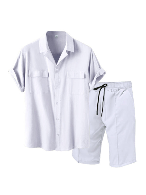 Smart Casual Men’s 2-Piece Set with Button-Up Shirt & Pocketed Shorts